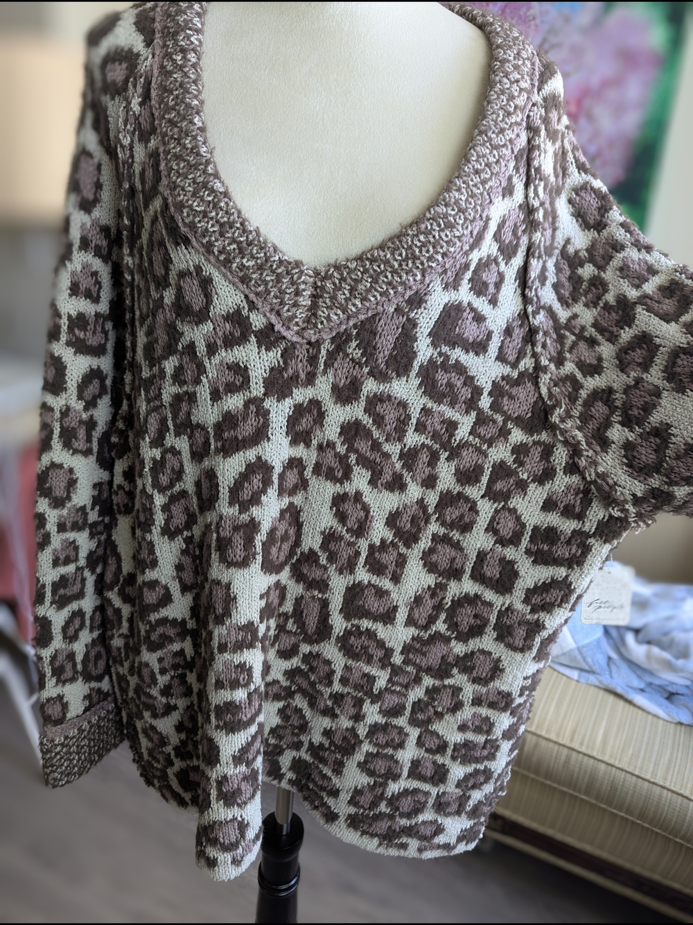 Free People Taupe and Cream Leopard V-Neck Sweater NWT